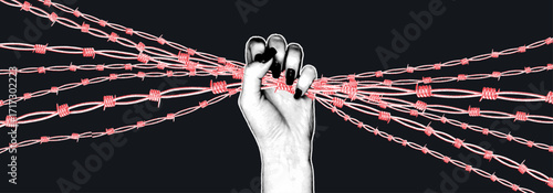 A bold graphic collage showcases a tightly clenched fist intertwined with bright red barbed wire, set against a dark background, representing strength and defiance in the face of challenges.
