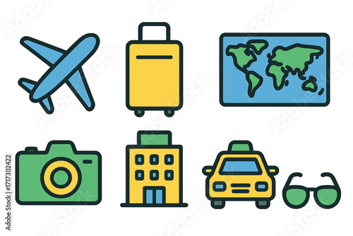 Travel essentials icon set featuring flat style airplane, suitcase, map, camera, building, taxi, and sunglasses