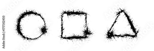 Three distinct geometric shapes a circle, square, and triangle are arranged horizontally, showcasing textured black ink splatters on a white background, creating an abstract appearance.