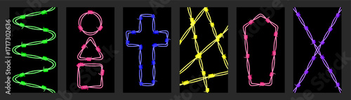 Vivid colors and barbed wire create a tense atmosphere. Symbolic shapes like crosses and coffins enhance the feeling of anxiety, reflecting chaotic emotions.
