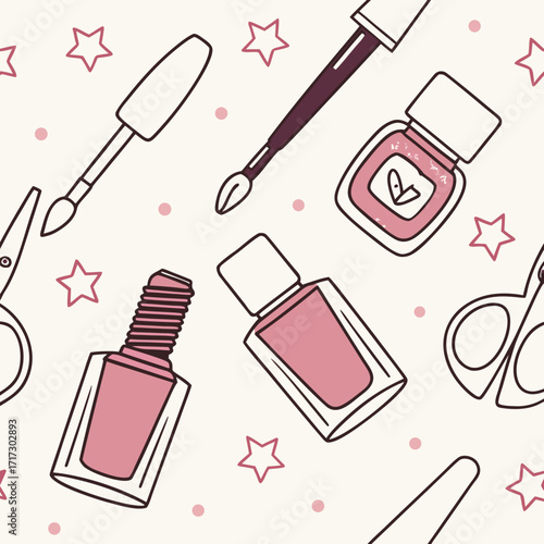 Seamless vector pattern of nail polish bottles, brushes, and manicure tools. Feminine pastel tones with a chic, stylish look, perfect for salon branding, wrapping paper, and beauty product backgrounds
