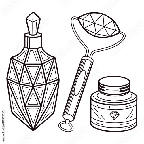Luxury crystal-inspired beauty vector set: diamond-shaped perfume bottle, quartz facial roller, amethyst serum dropper, and gemstone powder jar. Elegant line art with gem-cut details.