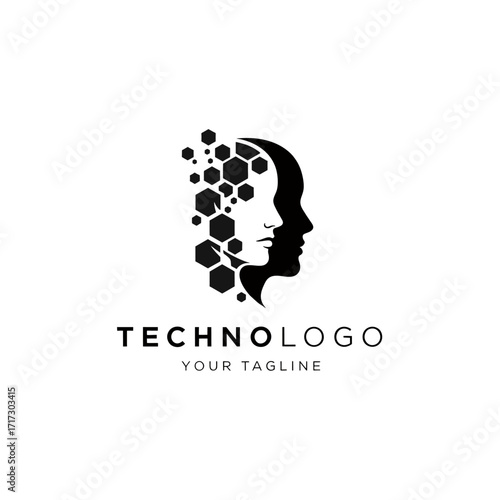 Black and white logo featuring two human profiles, one fragmented with hexagonal shapes, representing technology.