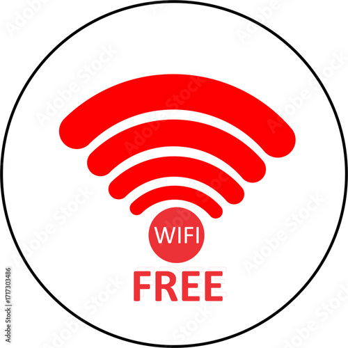Free WiFi symbol with red waves and text on a white background.