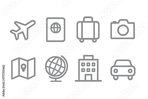 Travel icons set with silhouette style featuring airplane, passport, suitcase, and camera