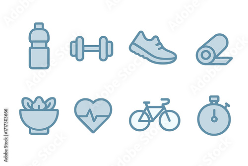 Fitness icons set featuring water bottle, dumbbell, shoes, yoga mat, and more in glowing style