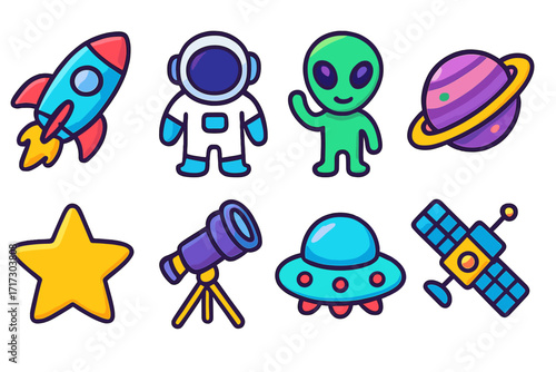 Colorful cartoon space icons featuring rocket, alien, astronaut, and telescope with a purple planet