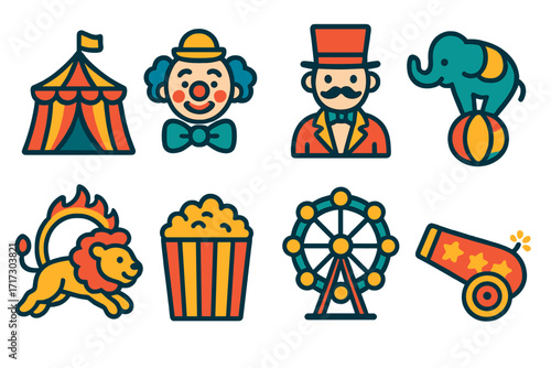 Vintage circus icons: big top, clown, ringmaster, elephant, lion, popcorn, ferris wheel, cannon