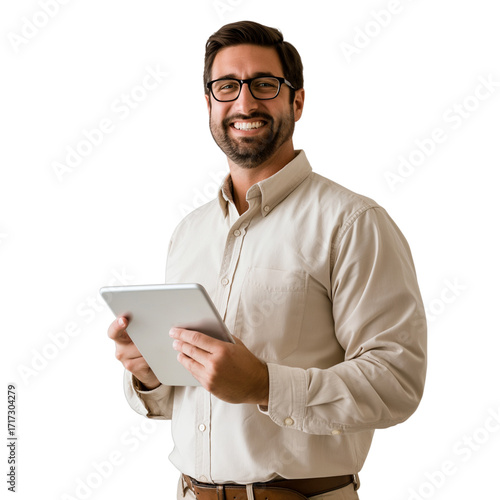 a smiling man in business casual attire holding an ipad and standing isolated on a white background