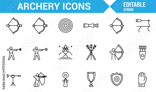 Minimal editable archery icon collection for hunting, practice, and sports illustrations