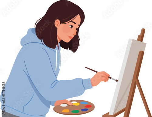 Young Woman Painting a Canvas on an Easel