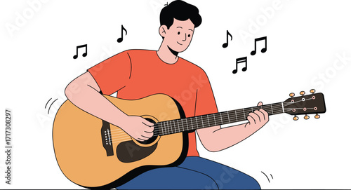 Young Man Playing Acoustic Guitar with Musical Notes