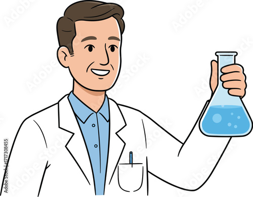 Smiling male scientist holding a flask of blue liquid