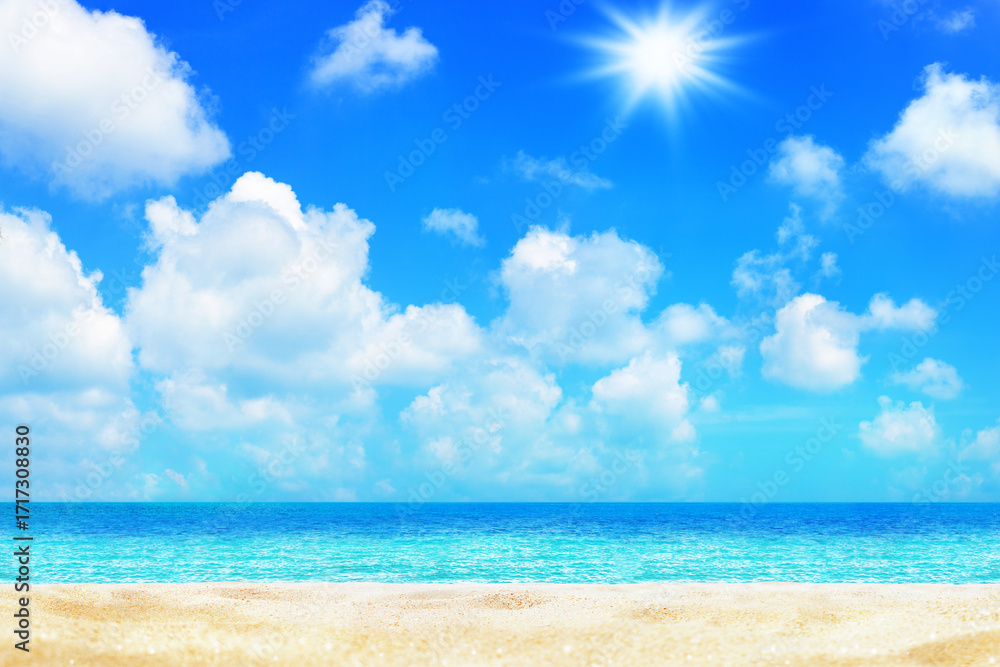 Obraz premium Sea beach, turquoise ocean water, paradise tropical island, beautiful exotic nature panorama landscape, golden sand, sun blue sky white clouds, summer holidays, vacation, travel banner, copy space