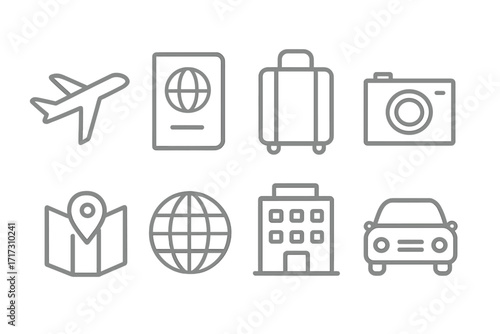Linear travel icons on metallic background: passport, airplane, suitcase, camera, map, globe, hotel, car