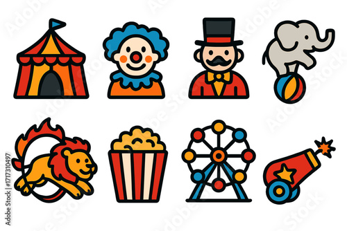 Vibrant circus icons featuring tent, clown, magician, elephant, lion, popcorn, ferris wheel, and cannon