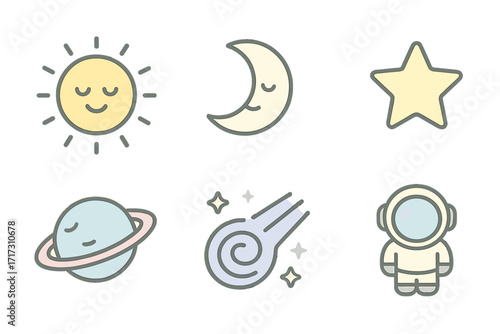 Cute outline icons of sun, moon, star, planet, comet, and astronaut on gradient background