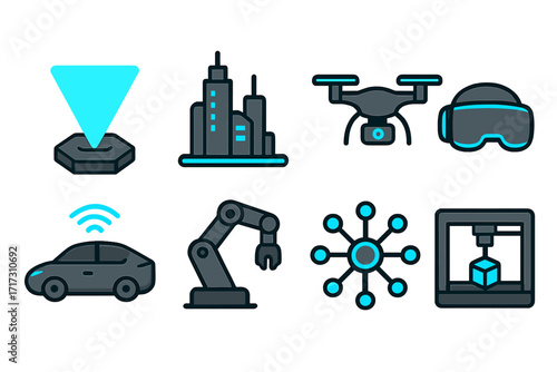 Futuristic technology icons in neon glow with gradient background
