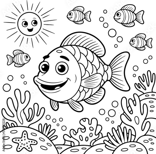 A charming cartoon fish and its friends swim happily over a beautiful coral reef under a smiling sun, a delightful underwater coloring book page