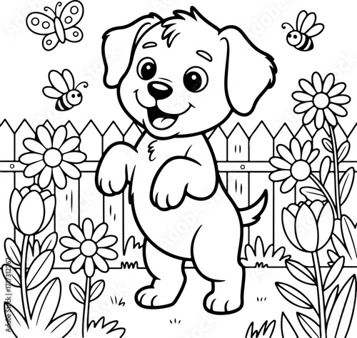A charming coloring page for kids featuring a playful puppy in a spring garden with flowers, bees, and a butterfly. A fun, educational activity for creative learning