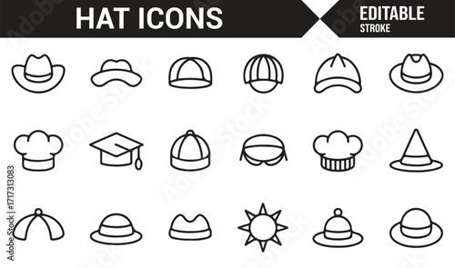 Outline icon pack of hats for graduation, party, chef, cowboy, and sun protection themes