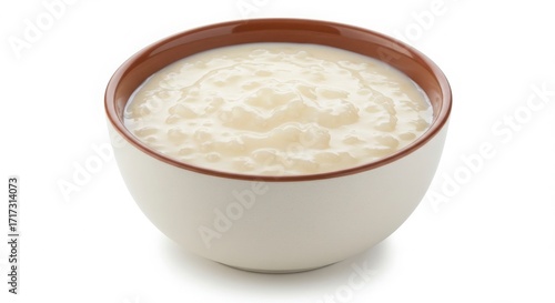 arroz con leche rice pudding bowl isolated on a white background for food and beverage photography