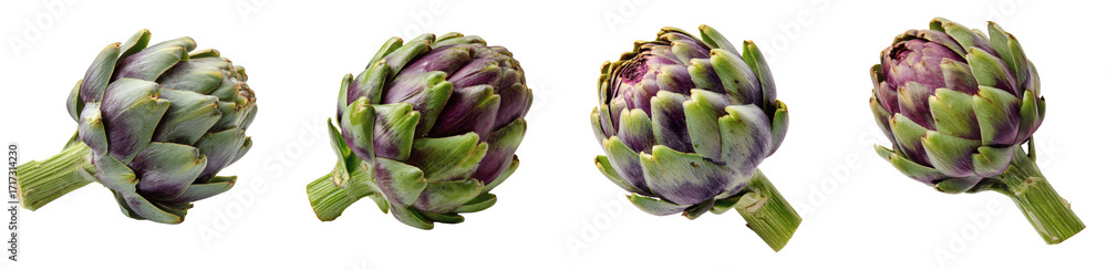Fototapeta premium Four Artichokes Displayed From Different Angles Showcasing Freshness and Vibrant Colors PNG set Transparent background
