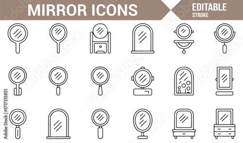 Simple mirror icon set of wall and handheld types for grooming and decoration