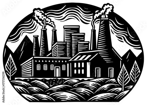 Factory with Smokestacks Silhouette, Industrial Science SVG, PNG