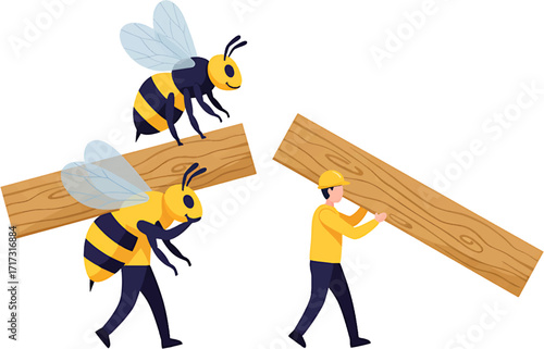Cartoon Bees Carrying Wooden Plank Striped Bodies Translucent Wings.