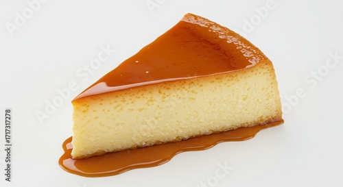 Flan napolitano slice with caramel isolated on white background for dessert and bakery uses