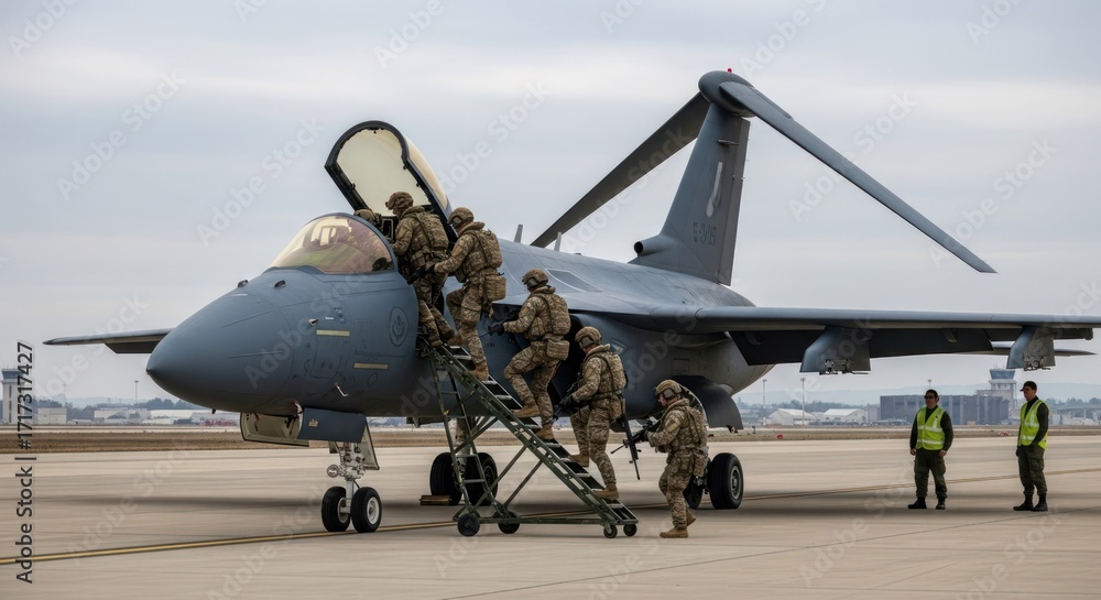 Fototapeta premium A military jet with soldiers boarding it on a runway.