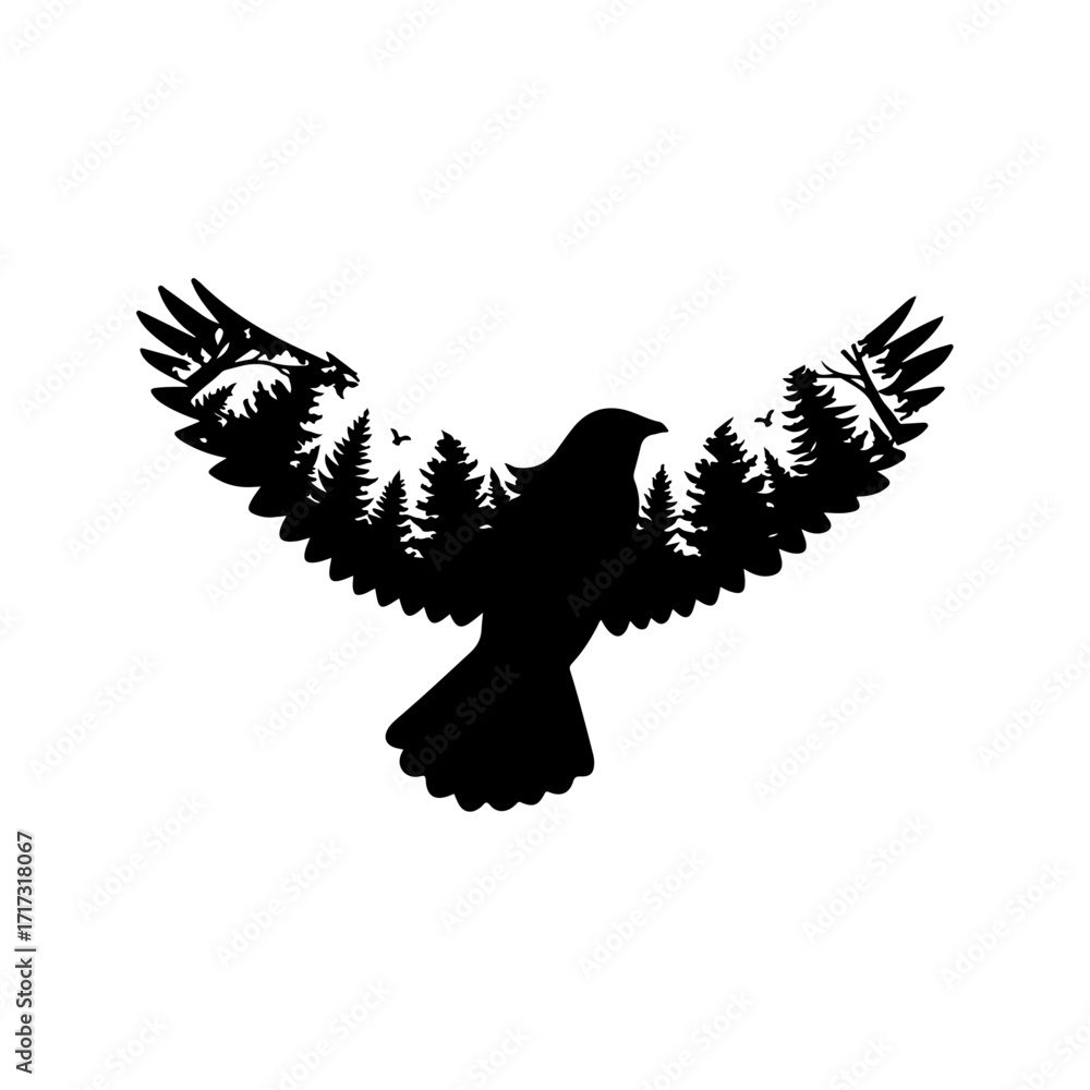 Obraz premium Stunning silhouette of eagle merged with forest trees, wildlife symbol for nature lovers and outdoor adventure