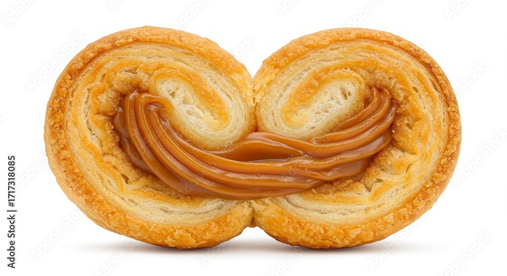 Fototapeta premium dulce de leche filled palmera puff pastry isolated on white background for food photography or bakery concept