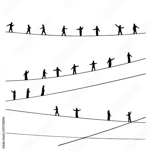 Diverse people walking tightropes, representing balance, career challenges and risk management solutions