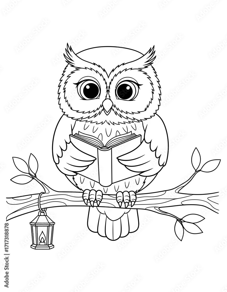 Fototapeta premium Vector art of owl reading a book, perched on a branch with a lantern in black and white coloring page design