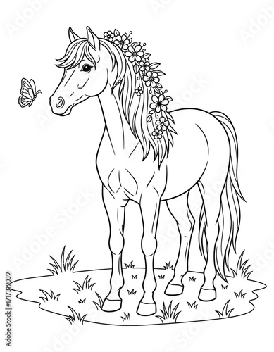 Illustration of a horse and butterfly, perfect for coloring books and creative projects coloring page design