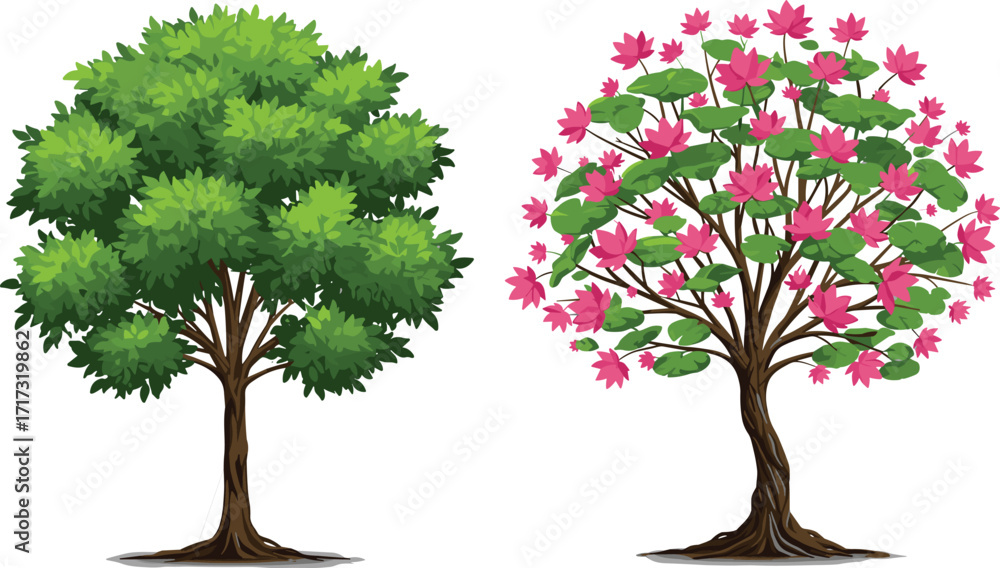 Naklejka premium Green leafy tree and pink flowering tree illustration with foliage contrast, botanical nature concept for seasonal vector design and landscape artwork