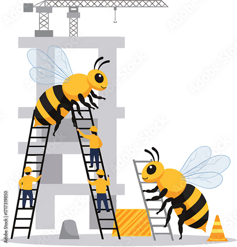Cartoon Honeybees and Construction Workers on Ladders.