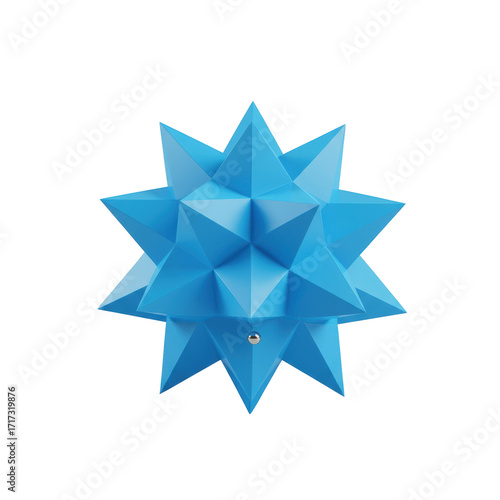 Sky blue abstract geometric shape, sharp edges, smooth surface, tiny polished silver bead, centered on seamless transparent, high-key lighting, precise clean modern aesthetic.