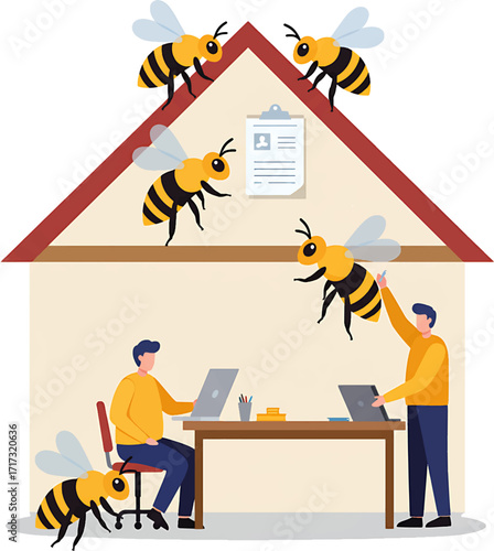 Cartoon Bees Buzzing Around a House with People Working on Laptops.