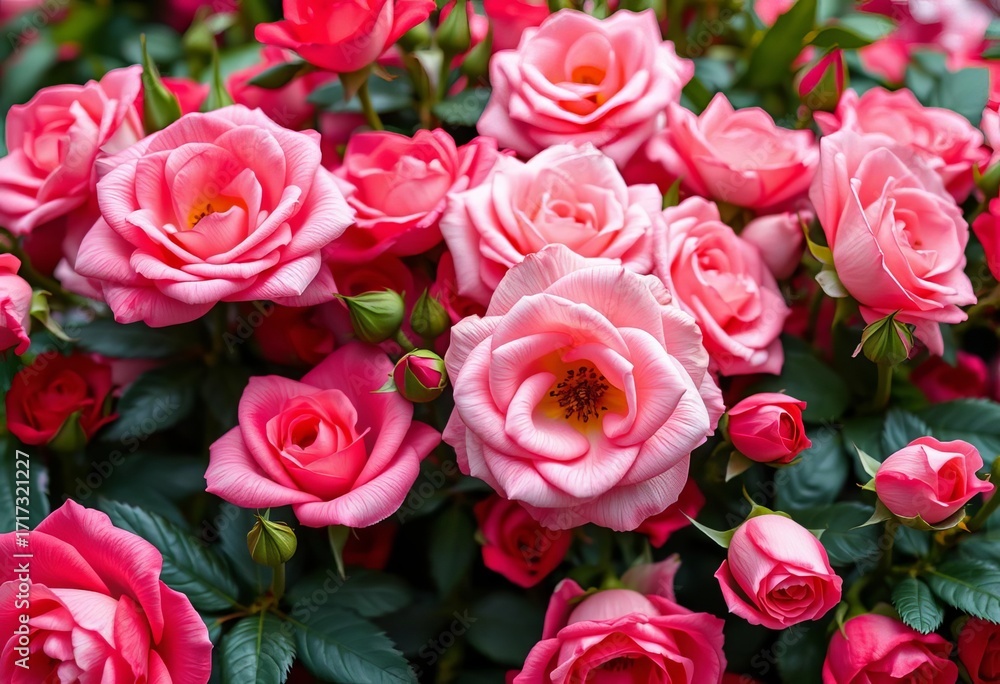 Fototapeta premium Close-up of lush pink and red roses forming a vibrant floral backdrop, romantic background, romantic