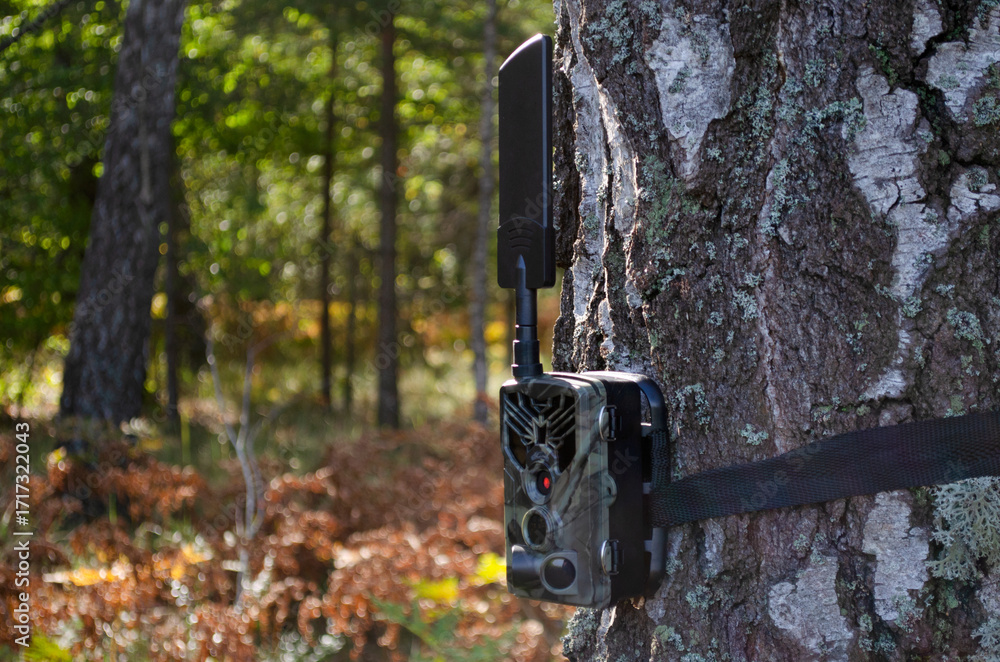 Φωτογραφία Camera trap or photo cameras mounted on betula tree in deep forest for wild animals location monitoring
