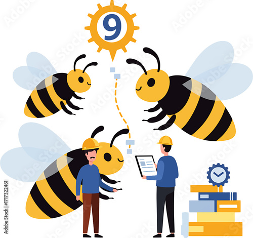 Cartoon Bees with Yellow and Black Stripes Wings and Antennae Illustration.