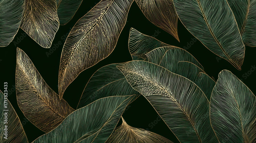 Dark green background with detailed gold-outlined leaf patterns. Seamless design, nature-inspired
