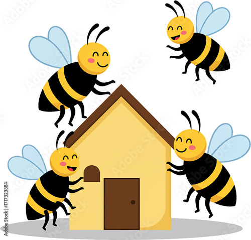Cartoon Bees with Yellow and Black Stripes Around a Beehive.