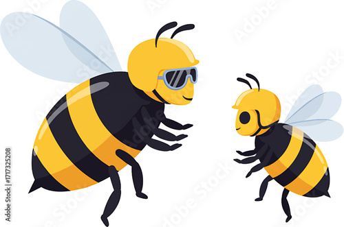 Cartoon Bees with Yellow and Black Stripes Wings and Sunglasses.