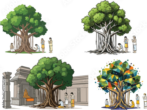 Spiritual tree worship illustration with diverse cultural rituals, sacred nature symbolism, abstract temple setting, and meditative people in reverence