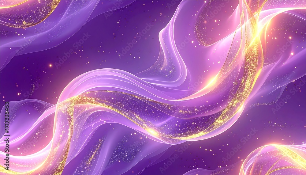 Obraz premium Flowing, translucent purple forms interwoven with shimmering gold, sparkles, and ethereal light effects