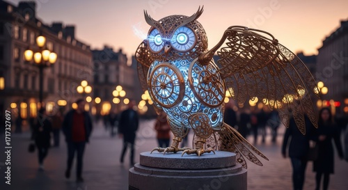 Steampunk Owl Sculpture Illuminates City Square at Dusk
